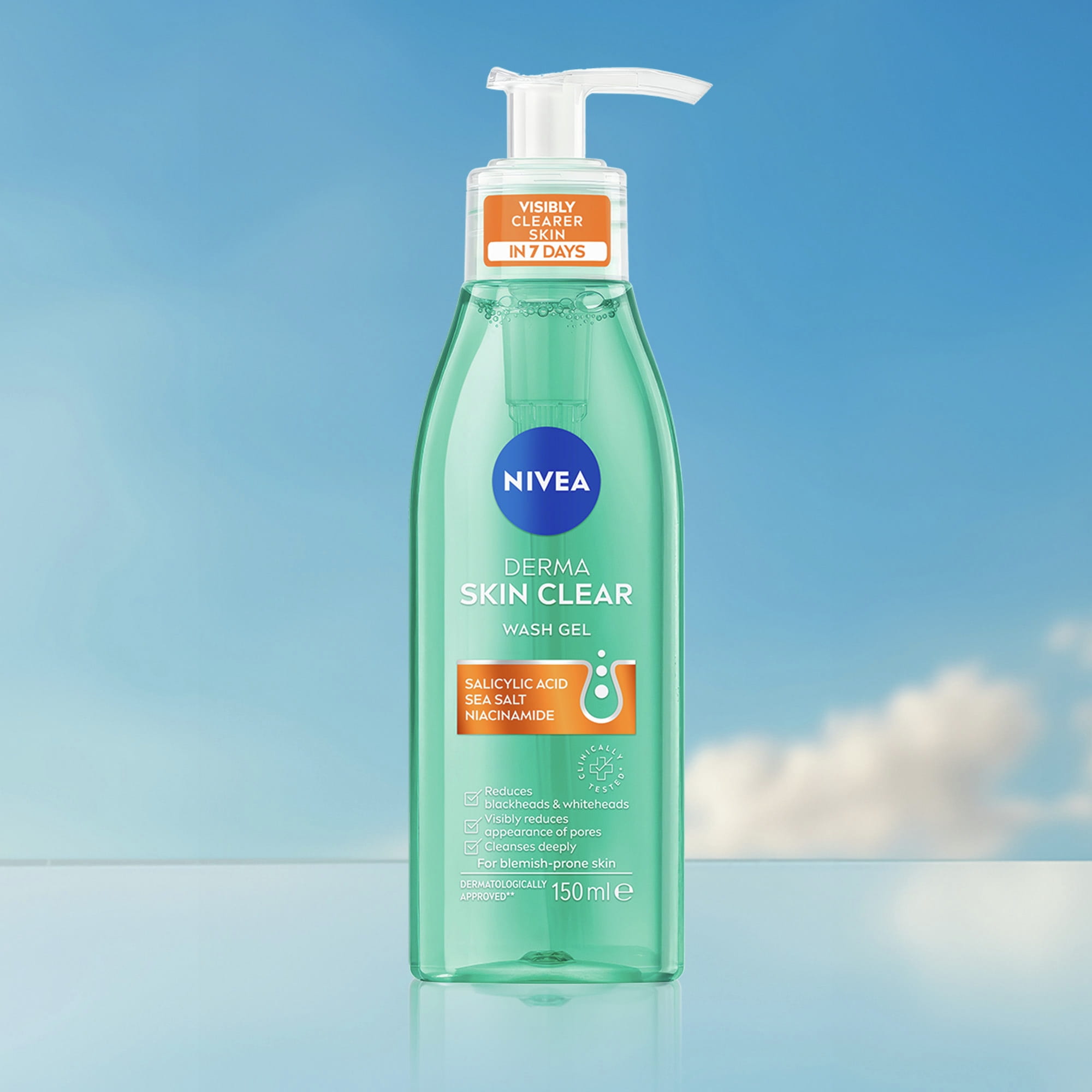 Nivea Skin Clear Toner sitting on a tile bathroom counter next to a sink.