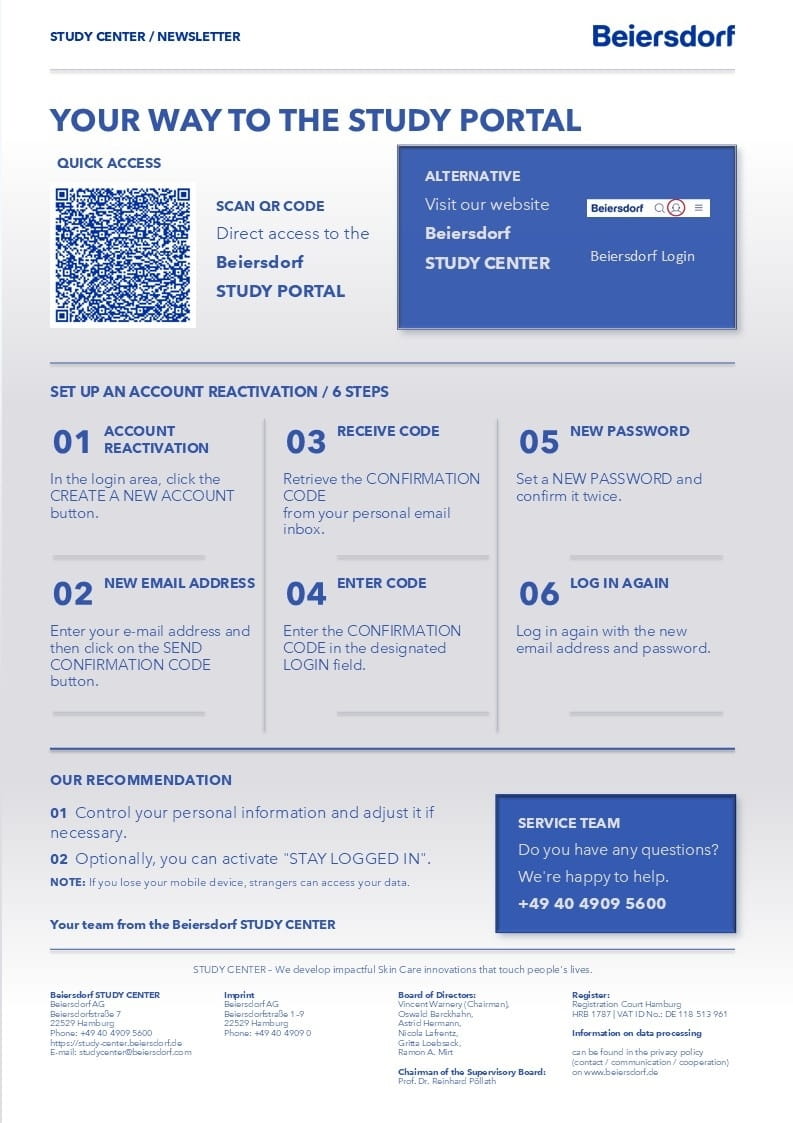 Instructions for Beiersdorf Study Center app usage and study participation. Includes tips for booking studies, deleting the app, and setting up quick access to the study portal.