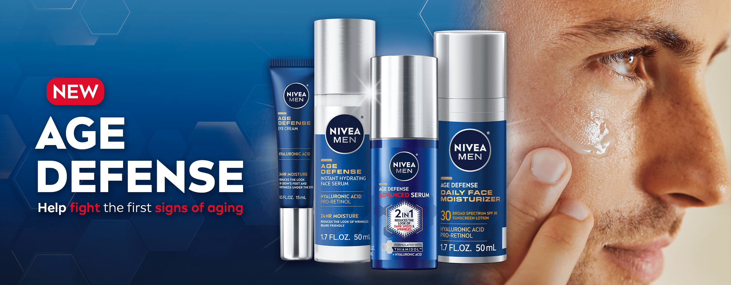 NIVEA Men Age Defense Product Lineup With A Man applying The advanced serum to his face