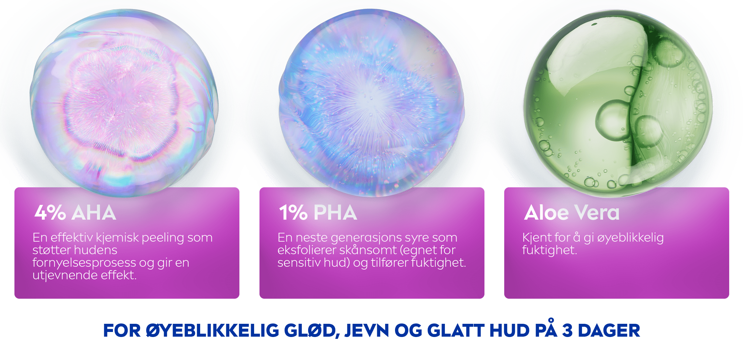 En rekke ingredienser: lys rosa for AHA, lavendel for PHA og grønn for Aloe Vera.
