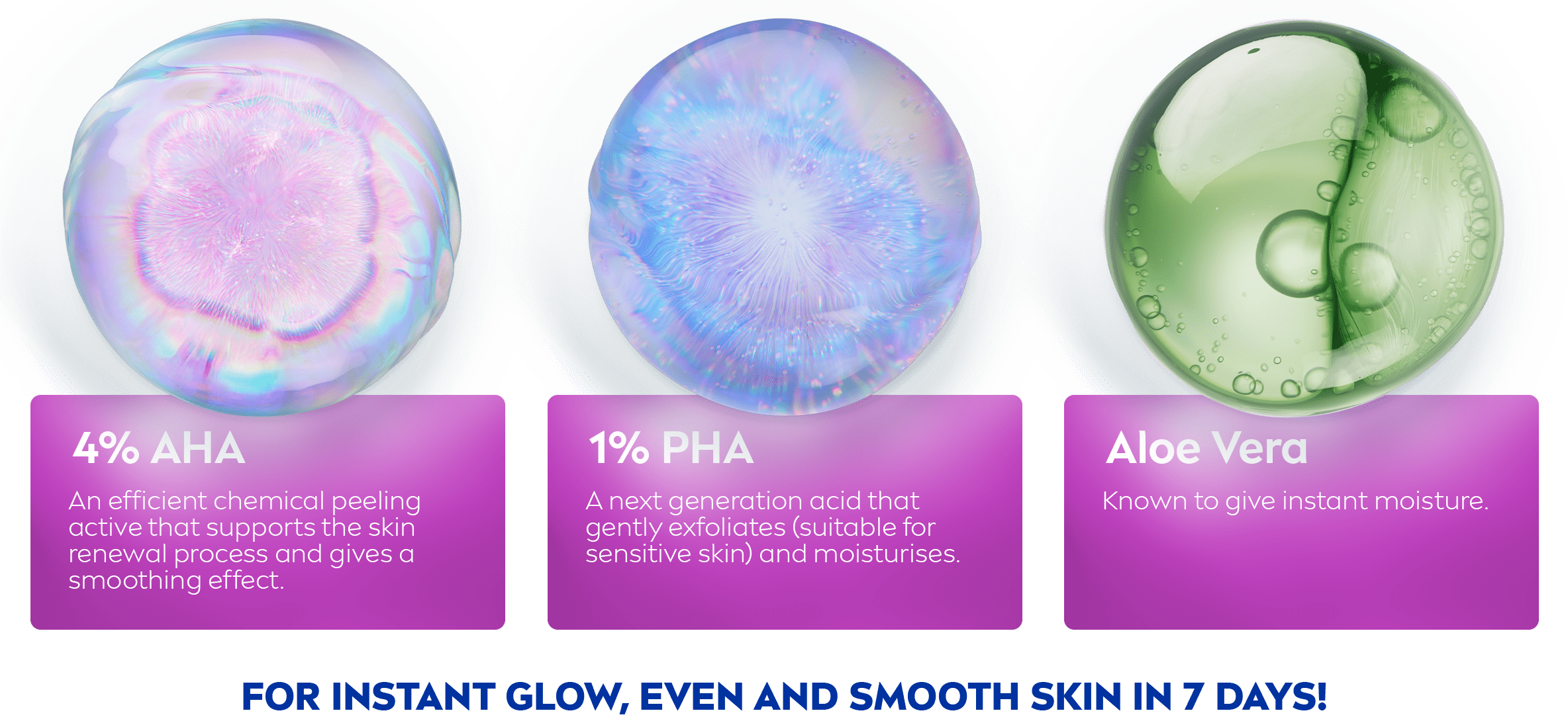 A line-up of dimensions: light pink for AHA, lavender for PHA, and green for Aloe Vera.