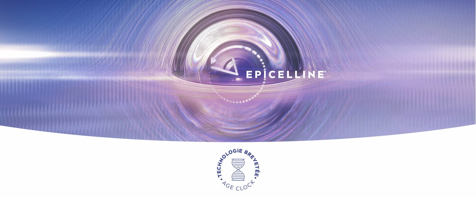Une horloge futuriste inversant le temps, à côté du texte « EPICELLINE® »