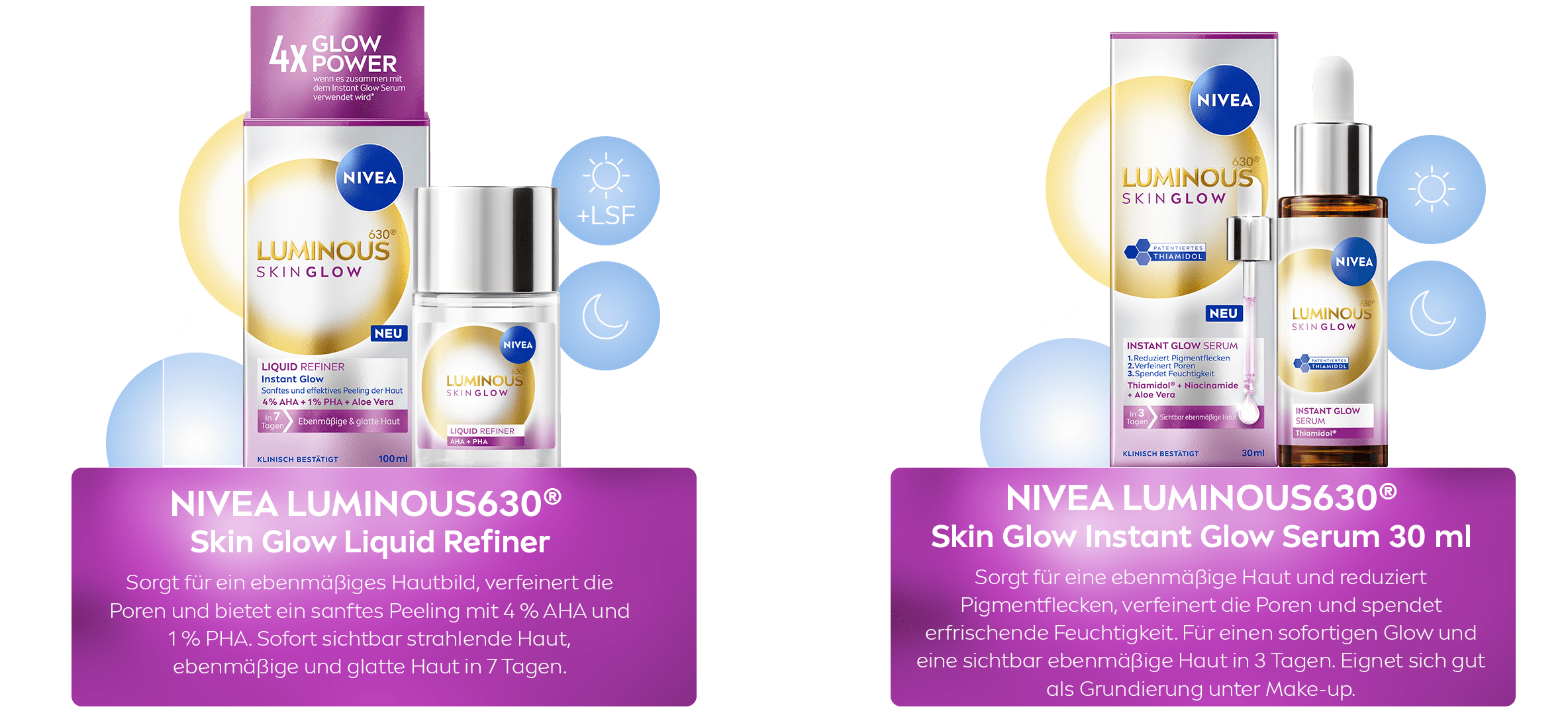 NIVEA LUMINOUS630® Skin Glow Refiner und NIVEA LUMINOUS630® Skin Glow Instant Glow Serum 30 ml mit Symbolen und Zahlen, die die Verwendung darstellen.