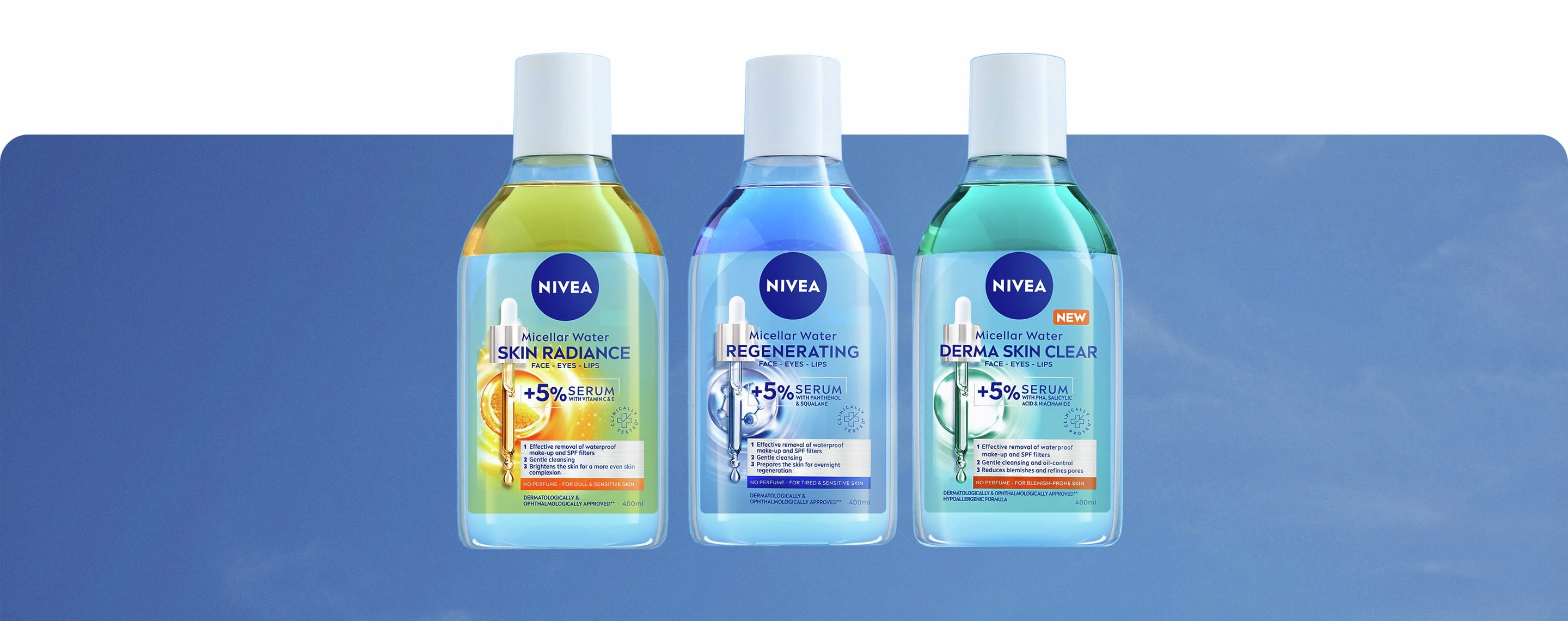 NIVEA Serum-berikade Micellar Water-serien med 3 produkter, presenterad mot en himmelsblå bakgrund.