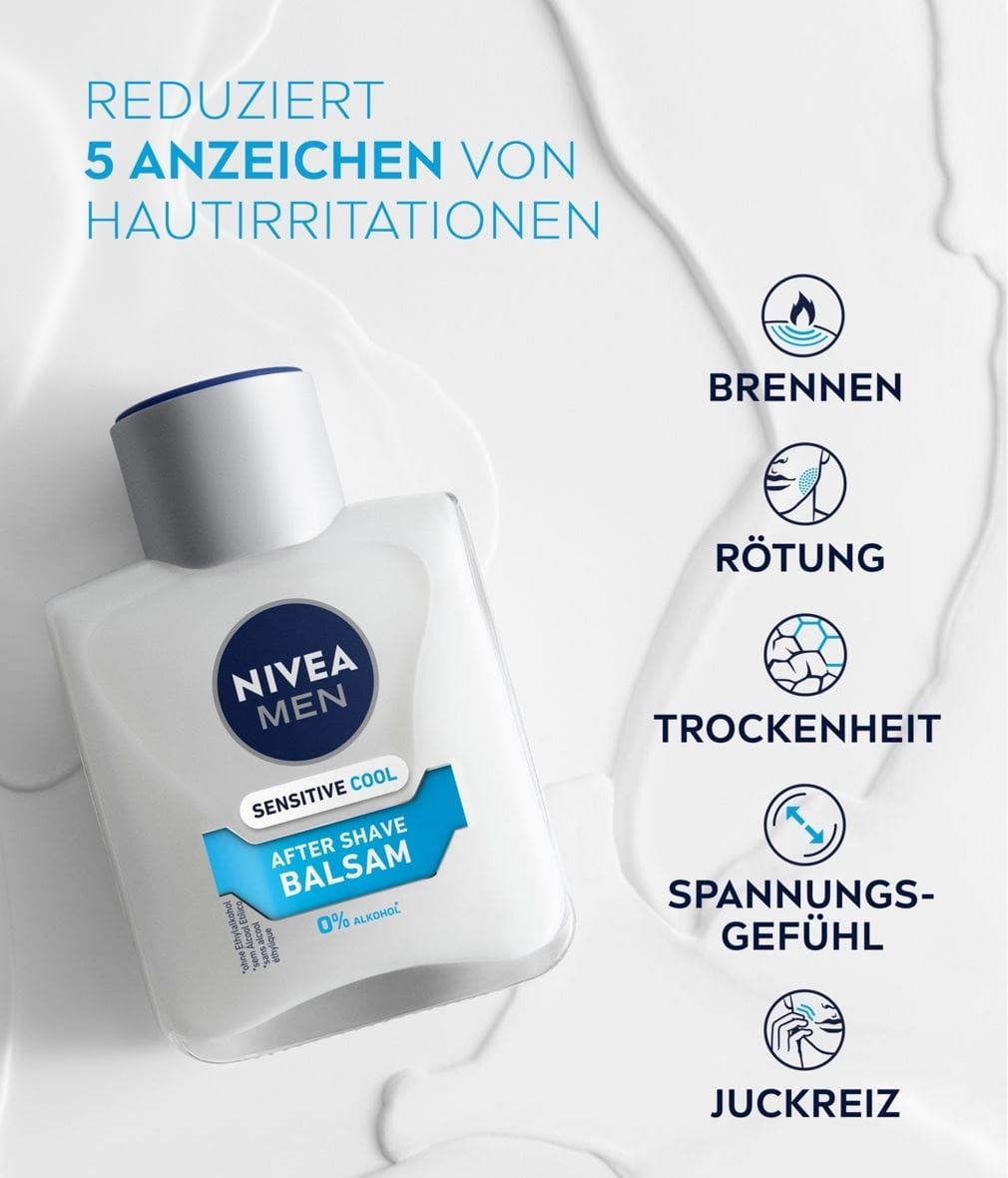 NIVEA Sensitve Cool After Shave Balsam Produktabbildung mit Benefits