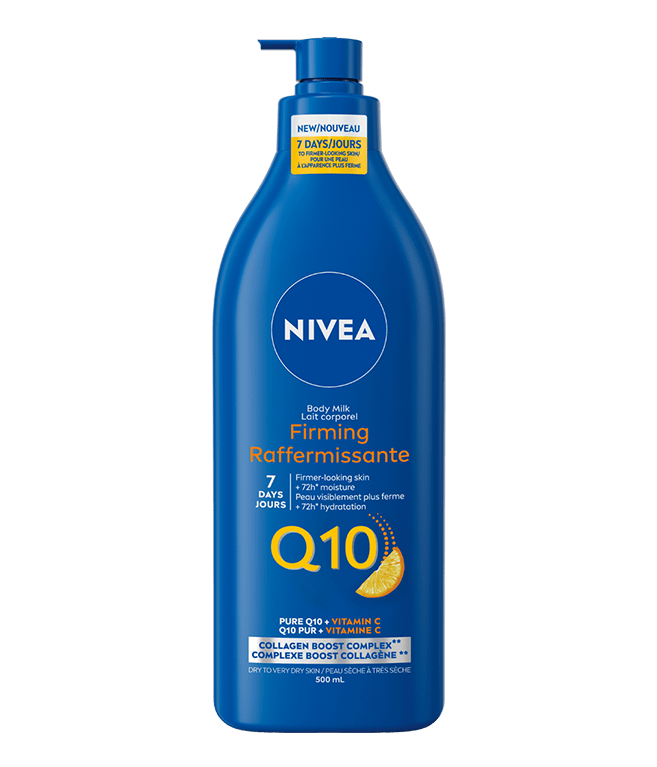 The image of product shot of the 500ml NIVEA Q10 Firming Body Milk. The dark blue pump bottle features a label highlighting its Q10 and Vitamin C formula.