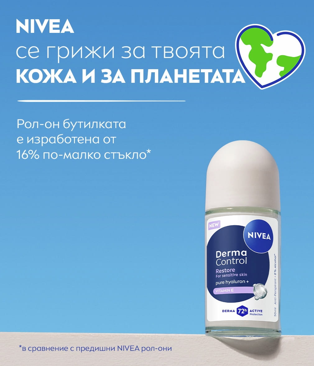 NIVEA Derma Control Restore Deo Roll-On : Extra Comfort Against Irritations & 72h protection and a list of benefits.