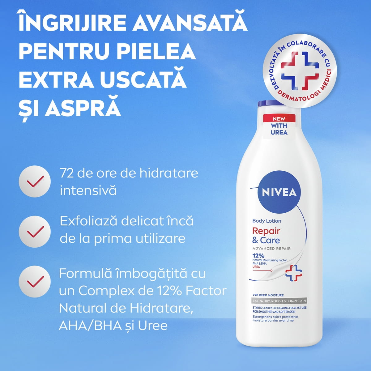 NIVEA Repair & Care Body Serum Lotion benefits include 72h+ intensive moisture and repairs 5 signs of dry skin* from 1st use