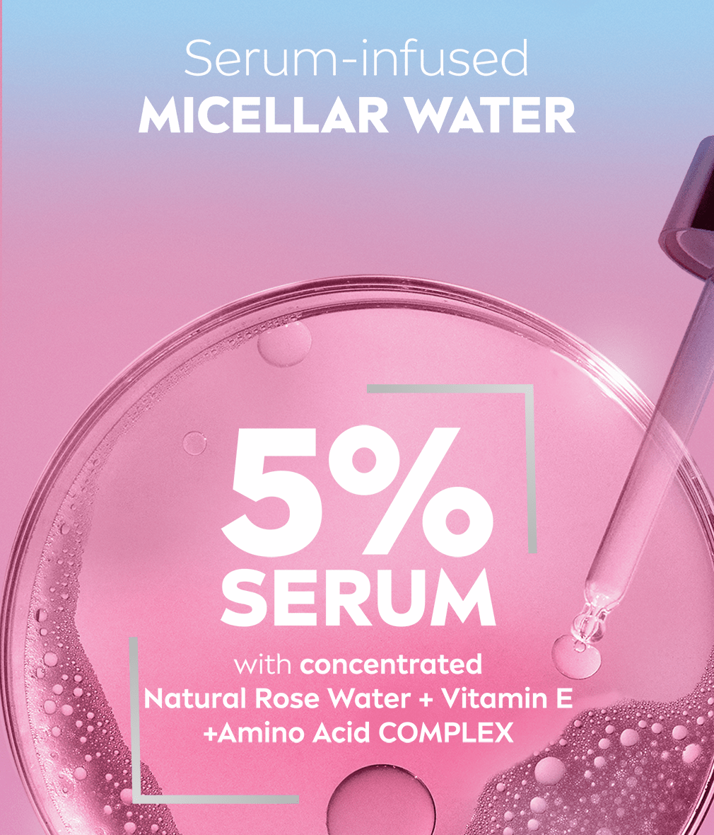 A pipette dispensing a drop over a petri dish with bubbly rose-coloured liquid and a list of formula ingredients.