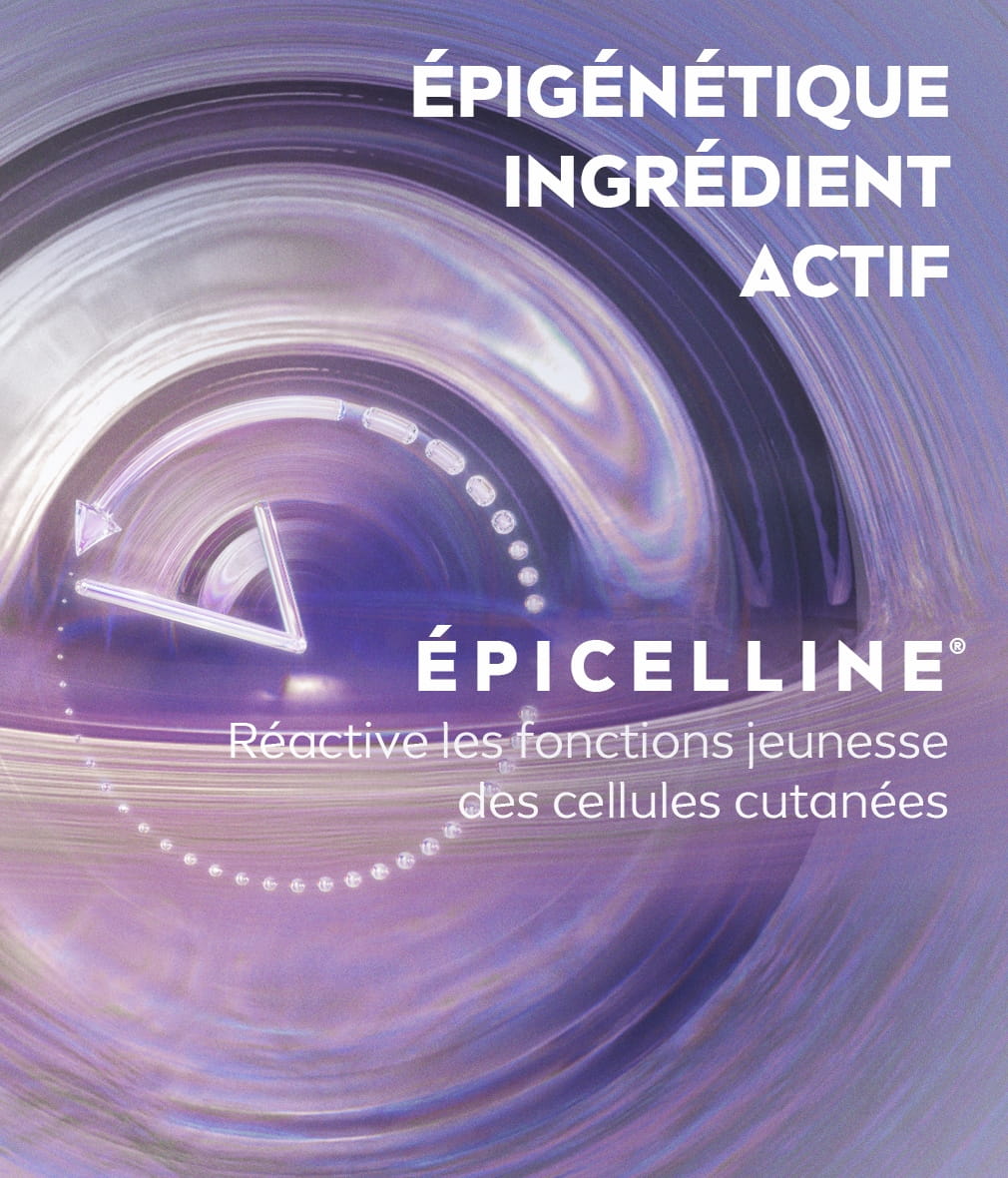 Une horloge futuriste inversant le temps, à côté du texte : INGRÉDIENT ACTIF Épigénétique EPICELLINE® réactive les fonctions jeunesse des cellules cutanées