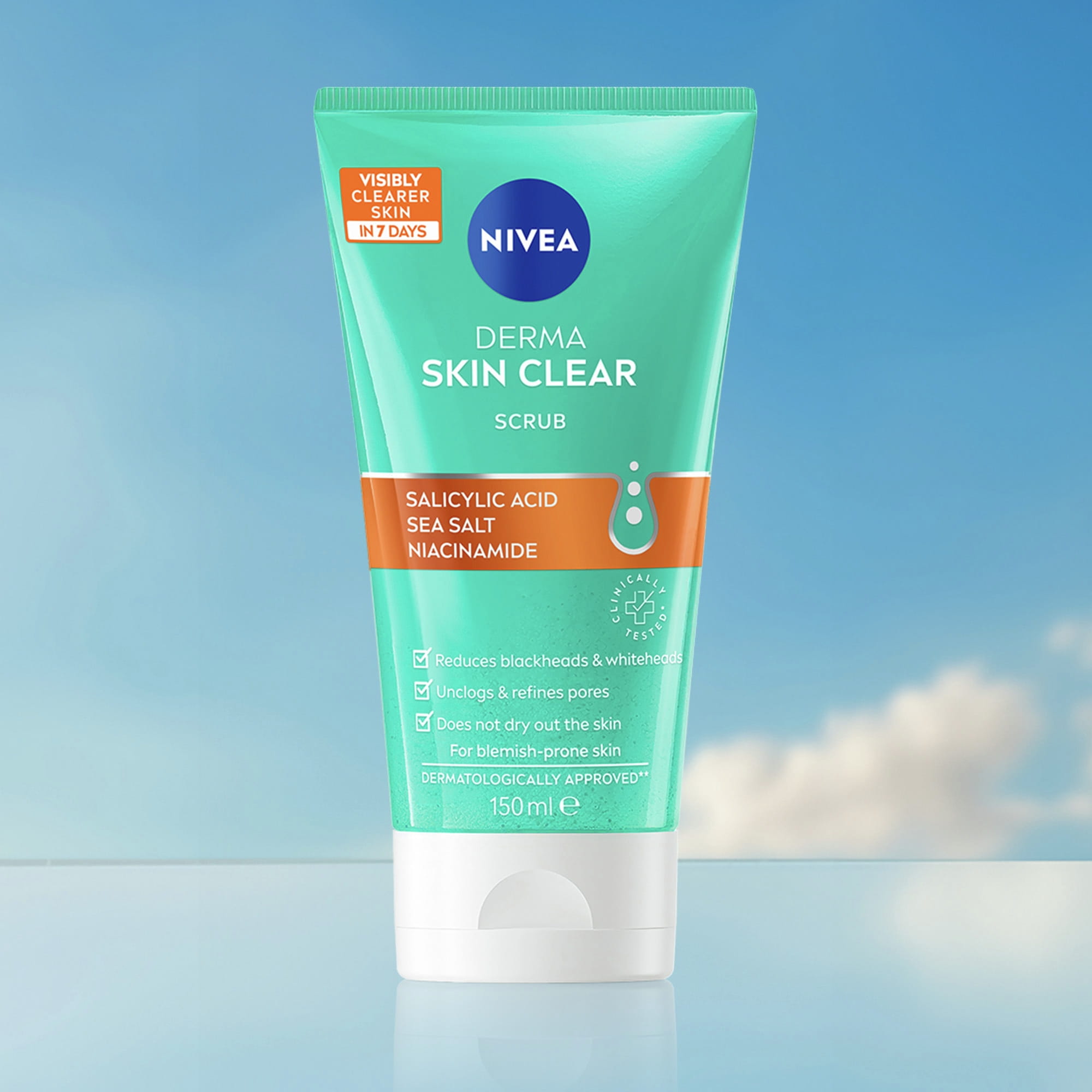 Nivea Skin Clear Scrub sitting on a tile bathroom counter next to a sink.