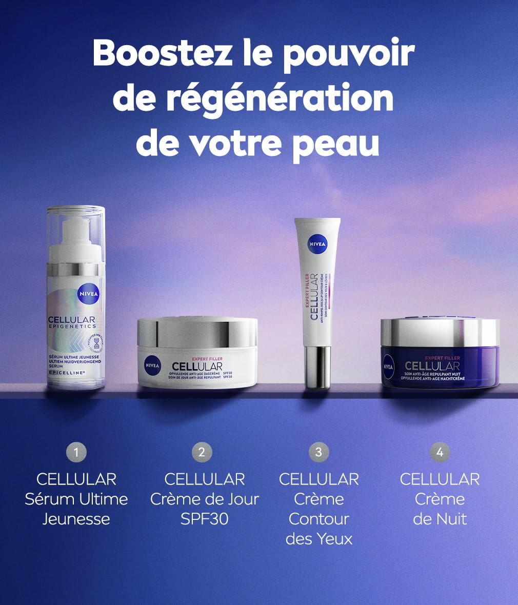 Une présentation de 4 produits NIVEA CELLULAR à côté du texte : « BOOSTEZ LE POUVOIR DU RAJEUNISSEMENT DE VOTRE PEAU ».