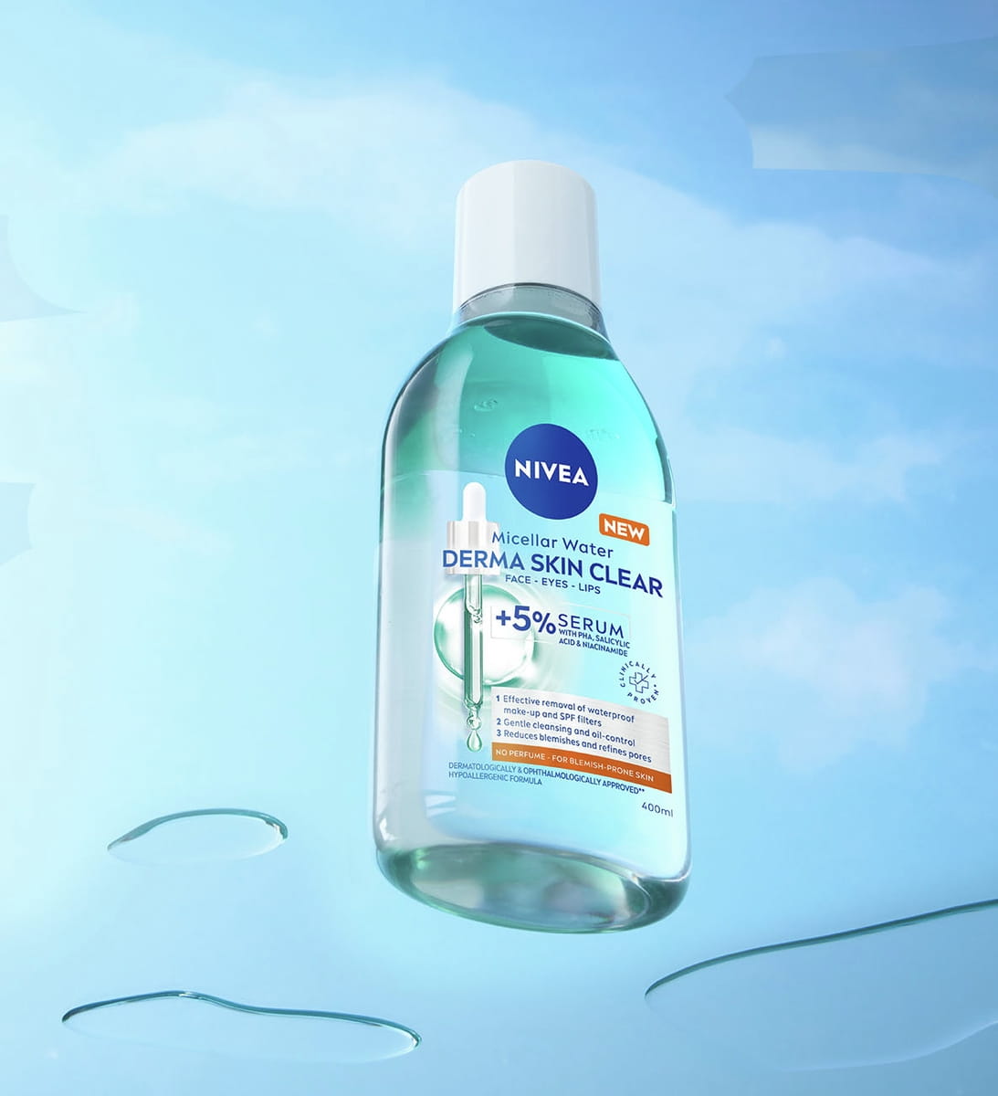 NIVEA Derma Skin Clear Serum-Infused Micellar Water against a sky blue background