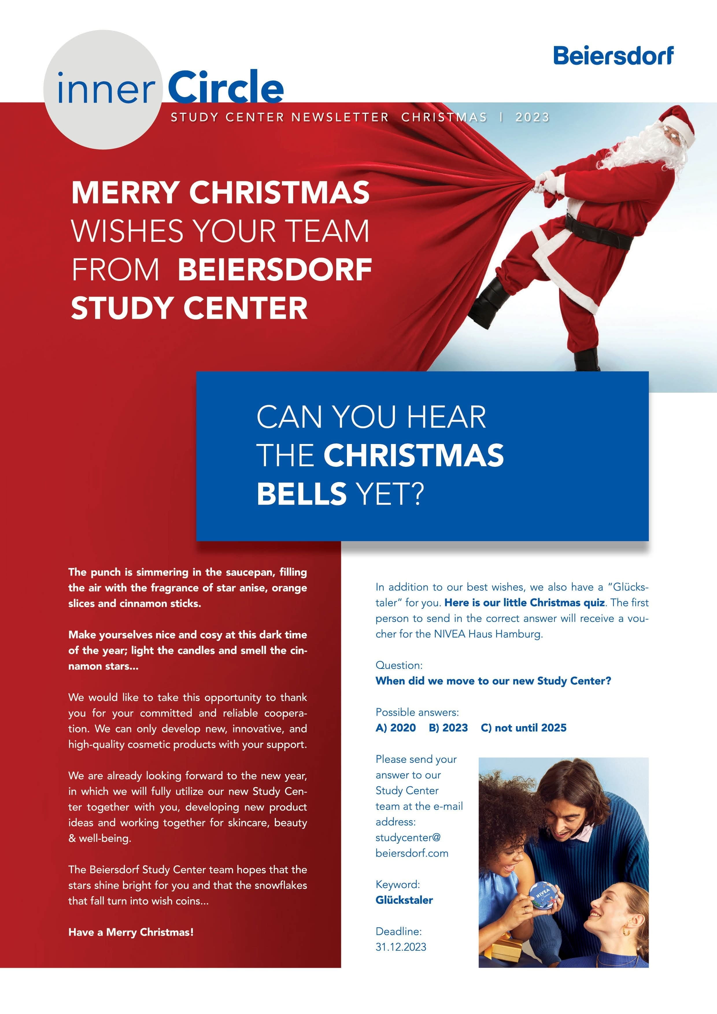 Beiersdorf Study Center Christmas newsletter with Santa, quiz, and festive message.