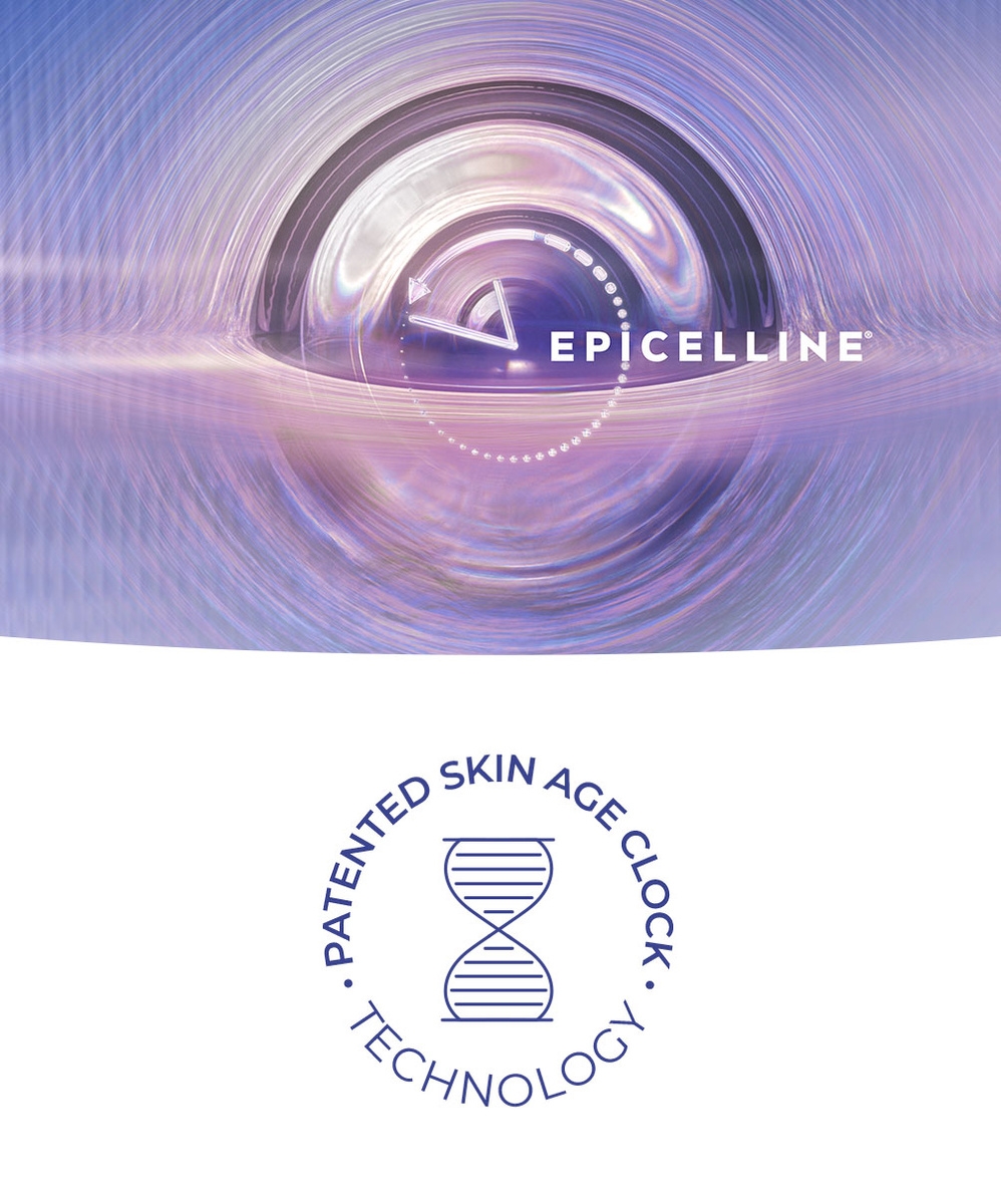A furturistic time reversal clock, next to the text, "EPICELLINE®".
