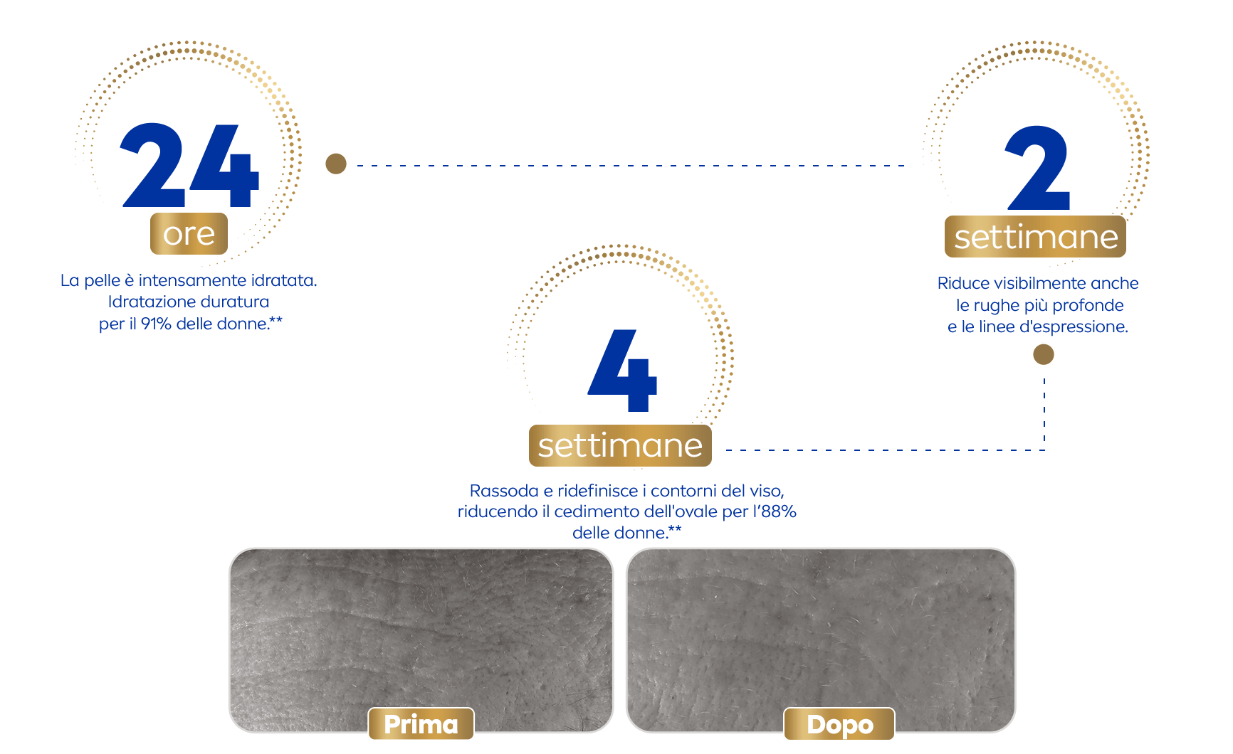 linea temporale di ore e settimane rappresentata da testo e icona di Q10 con foto comparative prima e dopo