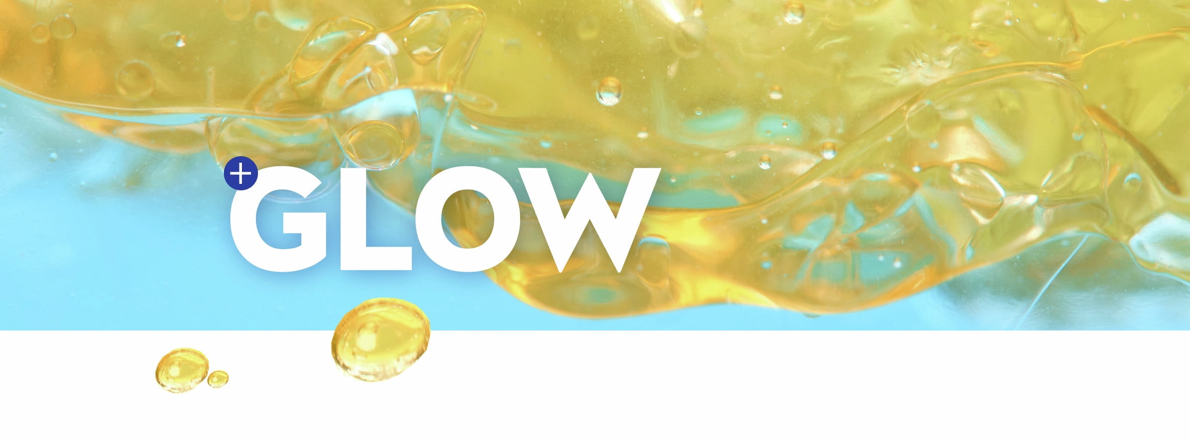 En lys, boblende gul og blå baggrund med ordet "GLOW".
