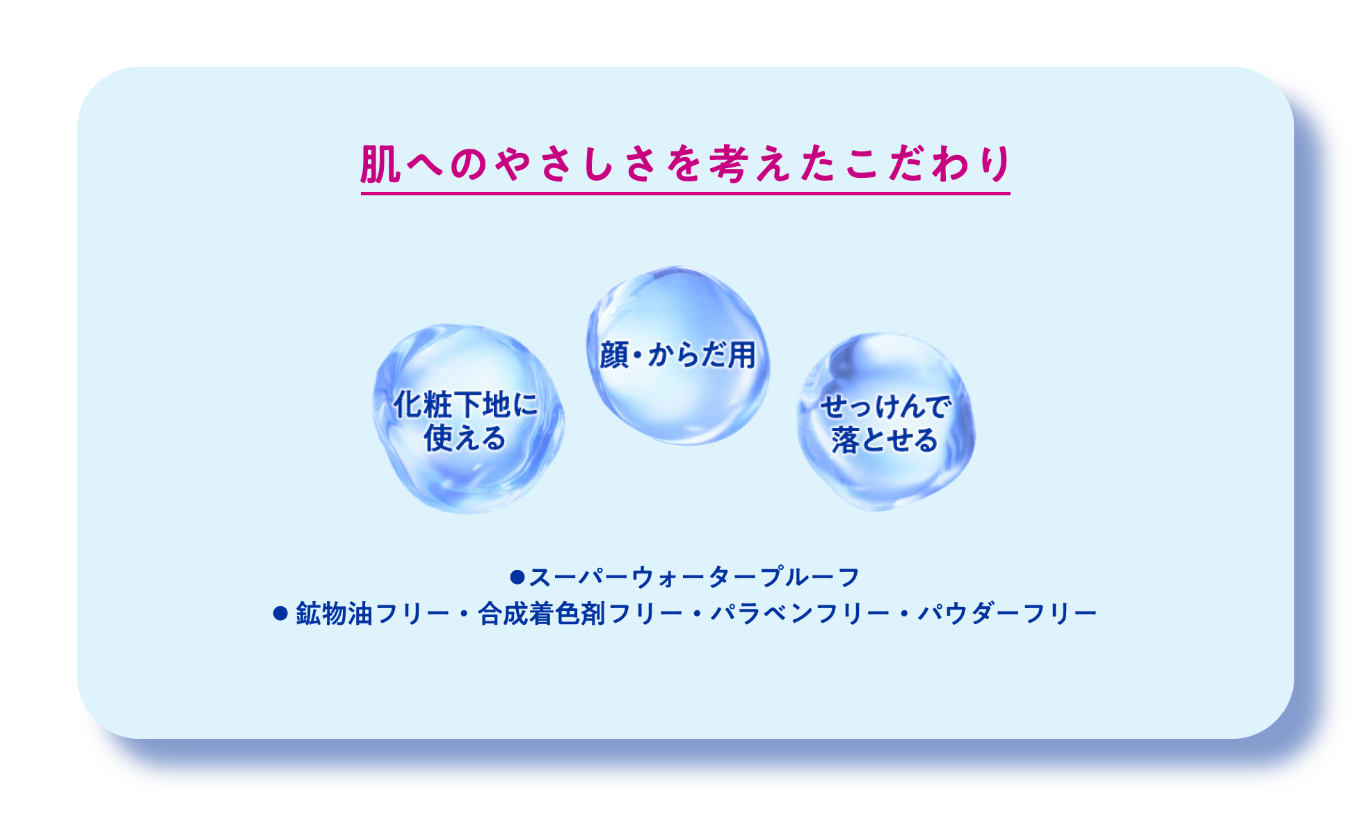 肌へのやさしさを考えたこだわり​ 顔・からだ用​ 化粧下地に使える​ せっけんで落とせる​ スーパーウォータープルーフ​  鉱物油フリー・合成着色剤フリー・パラベンフリー・パウダーフリー​