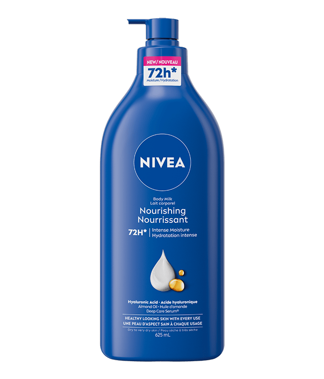 A large, dark blue pump bottle of NIVEA Nourishing Body Milk, set against a plain white background.