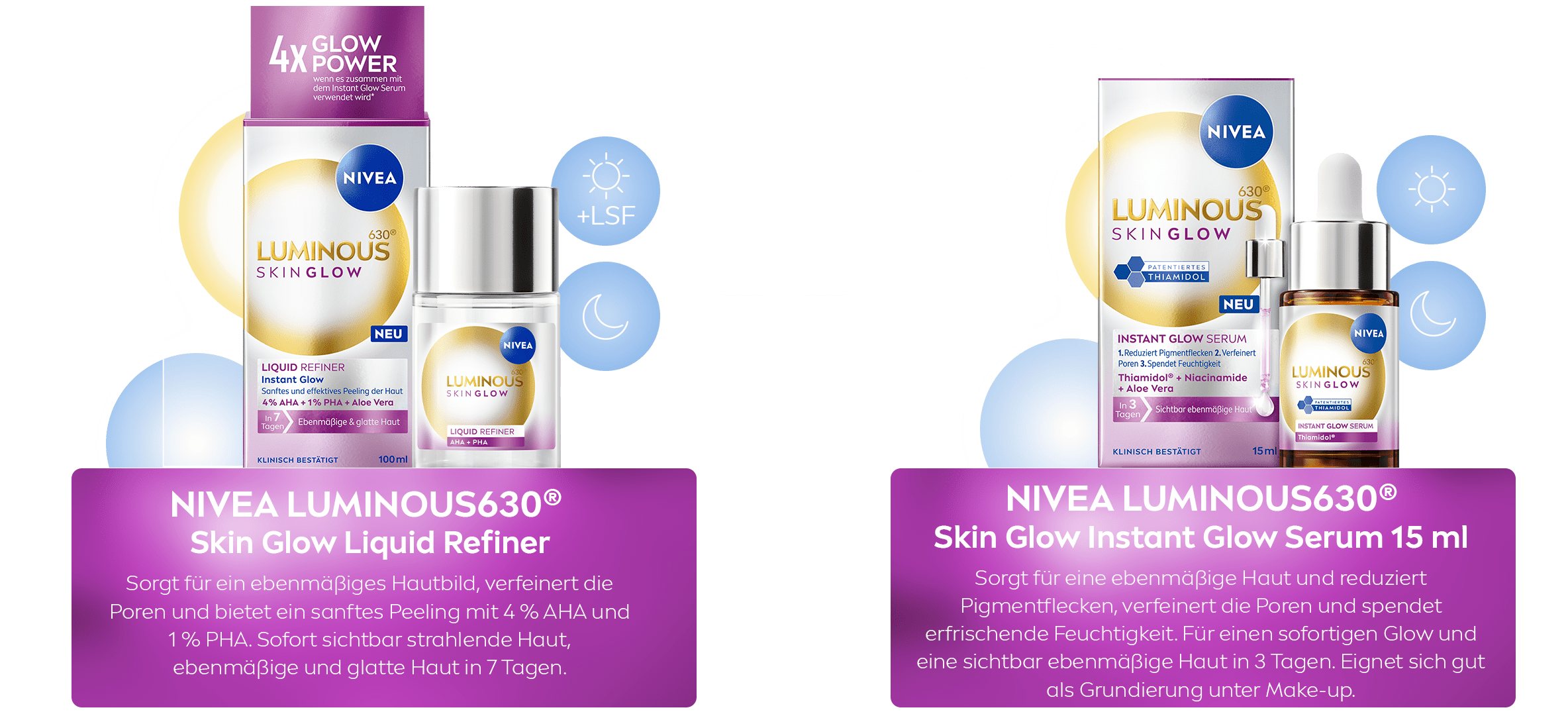 NIVEA LUMINOUS630® Skin Glow Refiner und NIVEA LUMINOUS630® Skin Glow Instant Glow Serum 15 ml mit Symbolen und Zahlen, die die Verwendung darstellen.