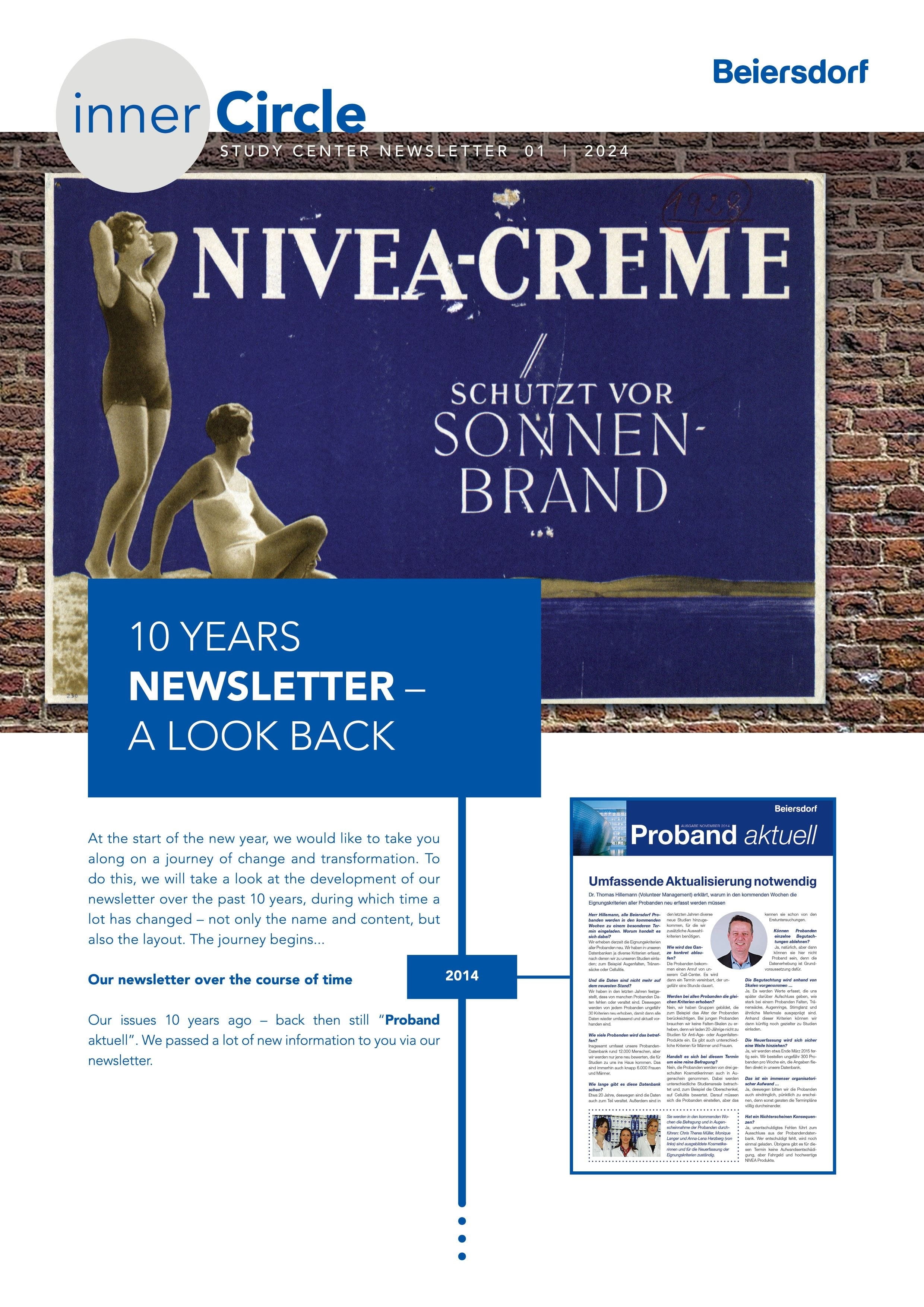 Beiersdorf newsletter cover with vintage Nivea ad and text about 10-year review.