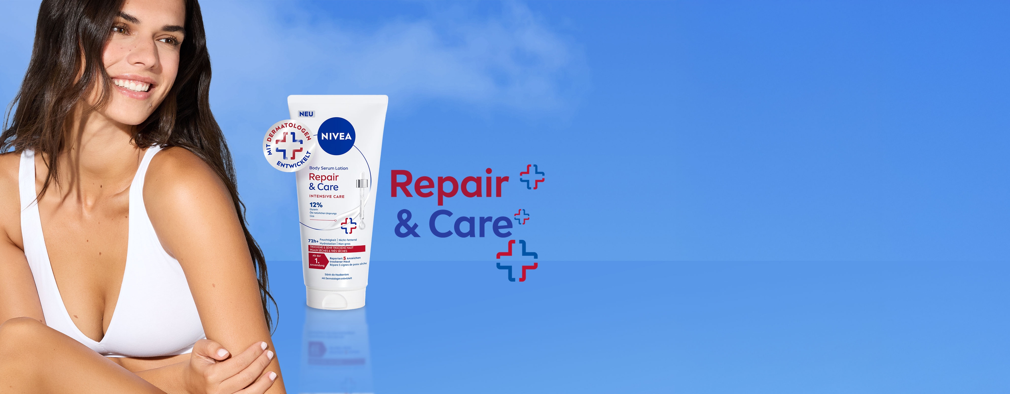 Lächelnde Frau neben der NIVEA Repair & Care Body Serum-Lotion mit Text zu schnell einziehender Pflege und intensiver Reparatur für trockene Haut 