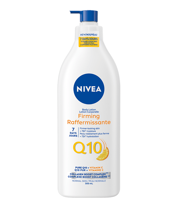 A product shot of the 500ml pump bottle of NIVEA Q10 Firming Body Lotion. The white bottle's label highlights its key ingredients, Q10 and Vitamin C.