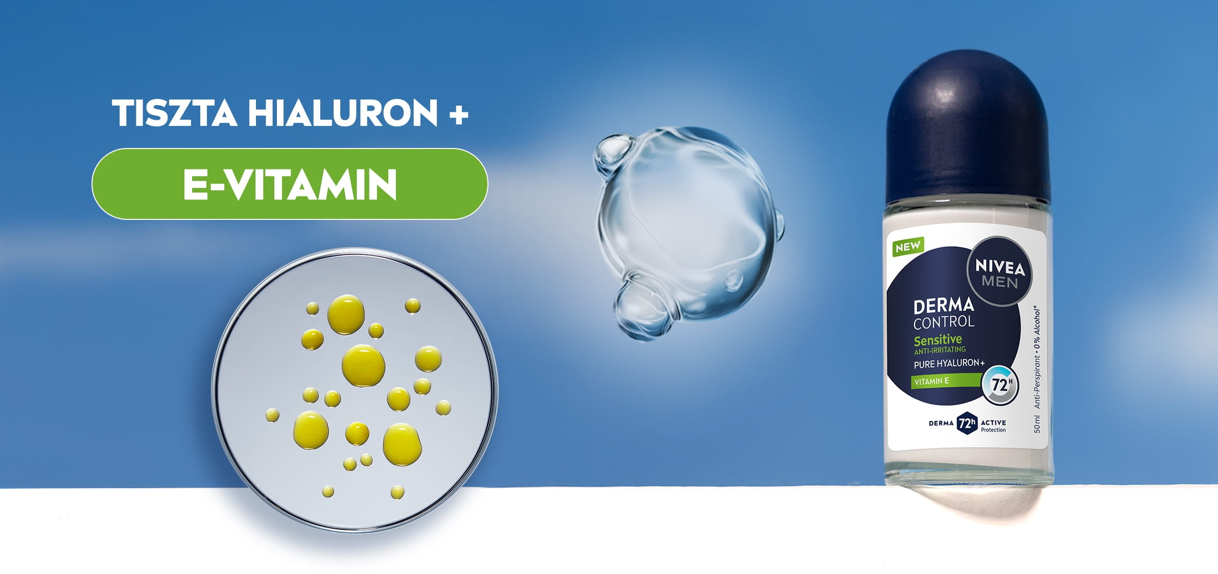 NIVEA MEN Derma Control Defend golyós dezodor,  a TISZTA HIALURON és E-VITAMIN felnagyított molekuláris ábrázolásával.