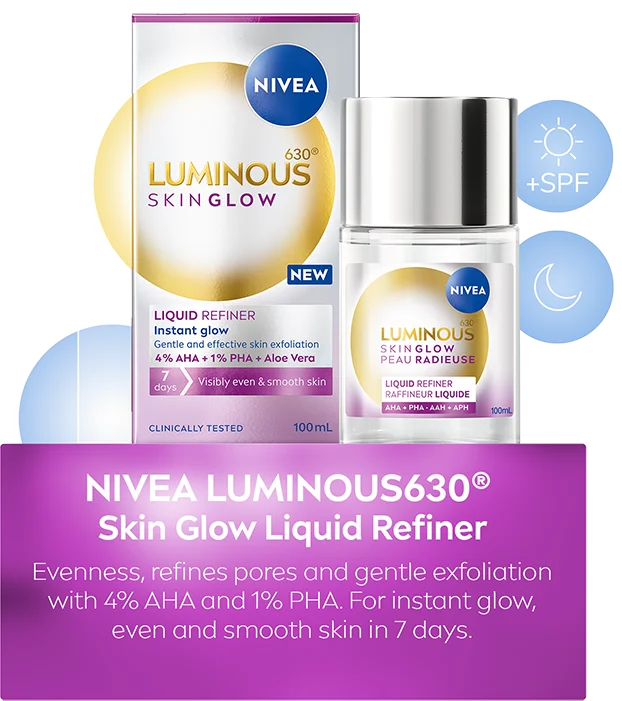 Glow up routine with Luminous630®. Step 1: Liquid Refiner for pore refinement and gentle exfoliation. Step 2: Instant Glow Serum for visibly even skin tone and fresh hydration.