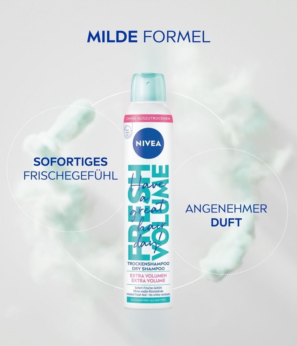 NIVEA Fresh & Mild Trockenshampoo Volumen Produktabbildung mit Benefits