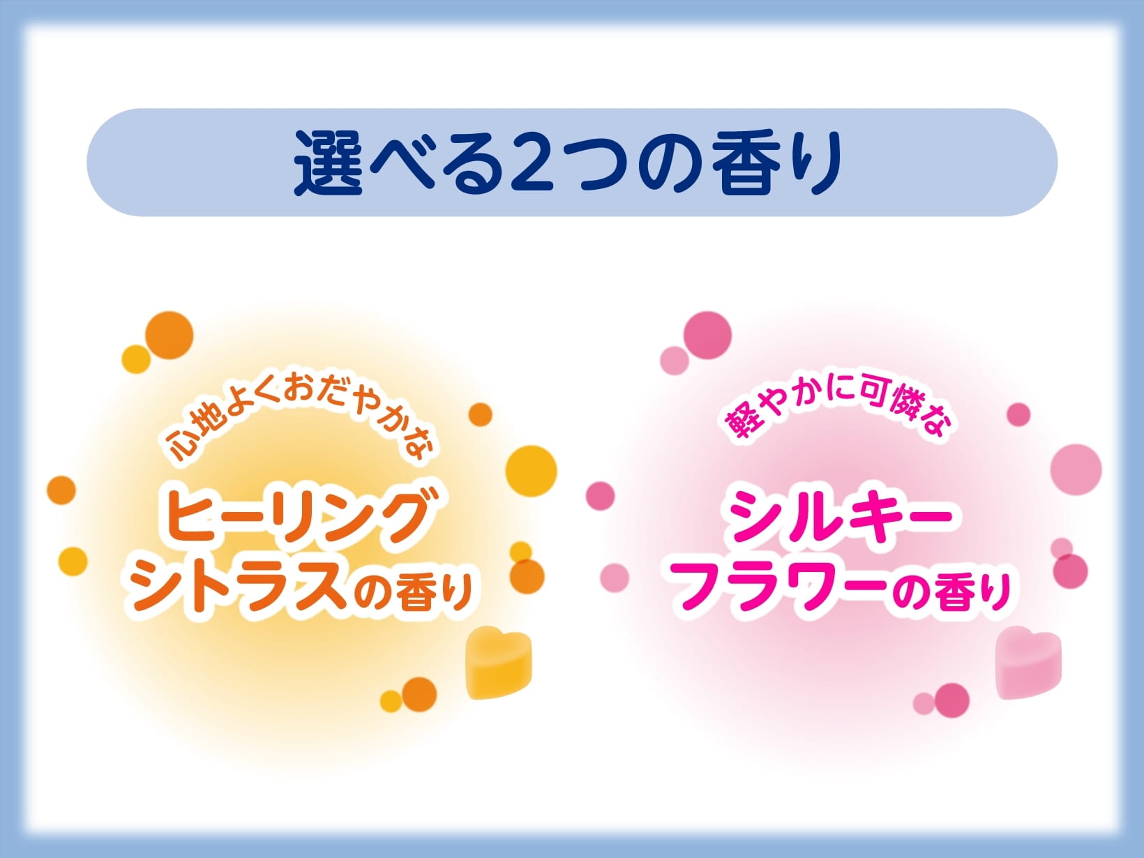 選べる２つの香り　選べる2種類の香り。心地よくおだやかなヒーリングシトラスの香りと軽やかに可憐なシルキーフラワーの香りがあります。