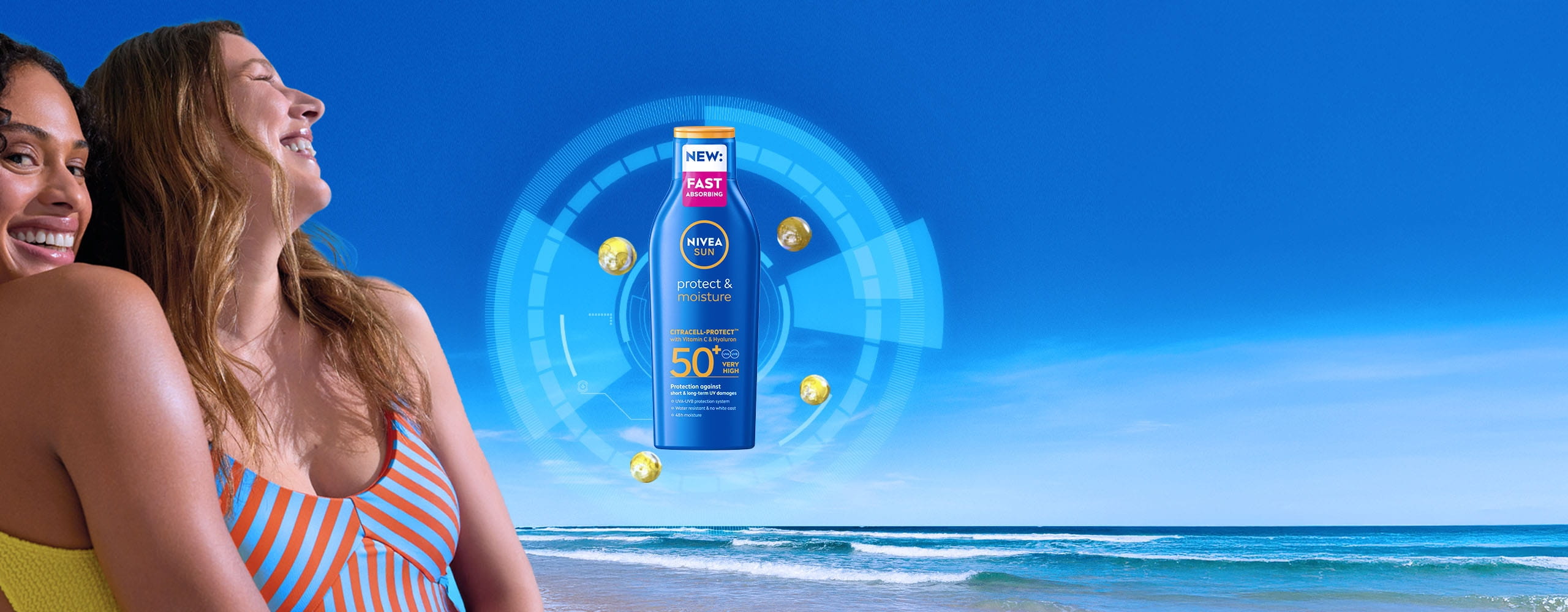 Women laughing and smiling at the beach with NIVEA SUN Protect and Moisture sunscreen