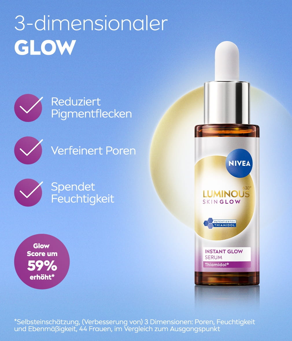 Ein Fläschchen NIVEA LUMINOUS630® Skin Glow Instant Glow Serum vor hellgelbem Kreis und hellblauem Hintergrund.