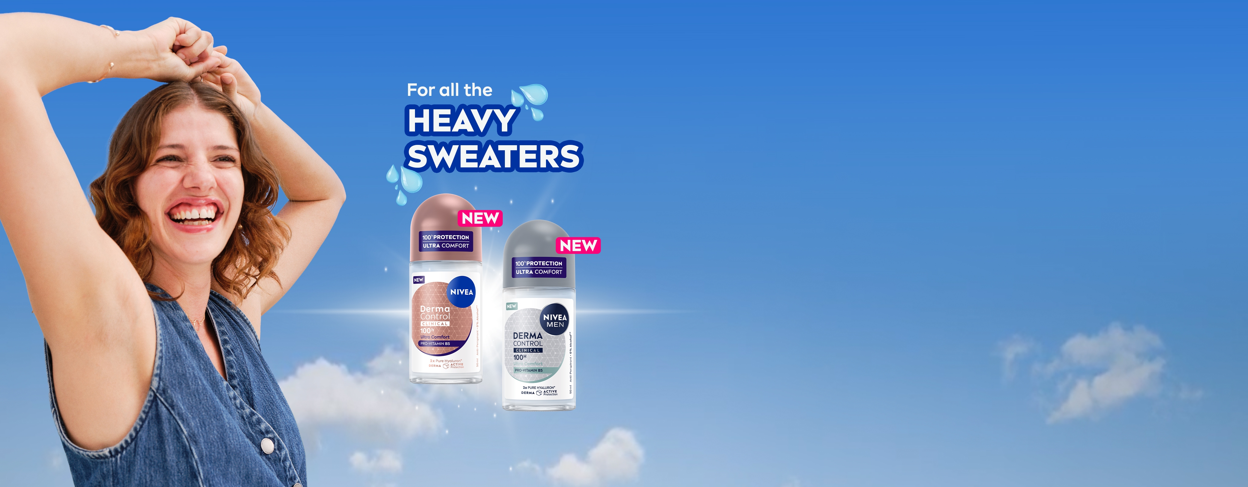 Woman smiling with arms raised next to NIVEA deodorant products promoting 100H sweat protection for heavy sweaters.