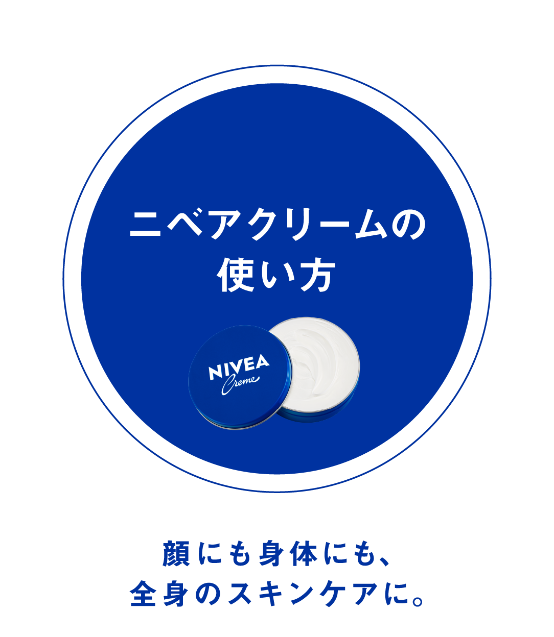 ニベアクリームの使い方 ニベアクリームの画像　顔にも身体にも、全身のスキンケアに。