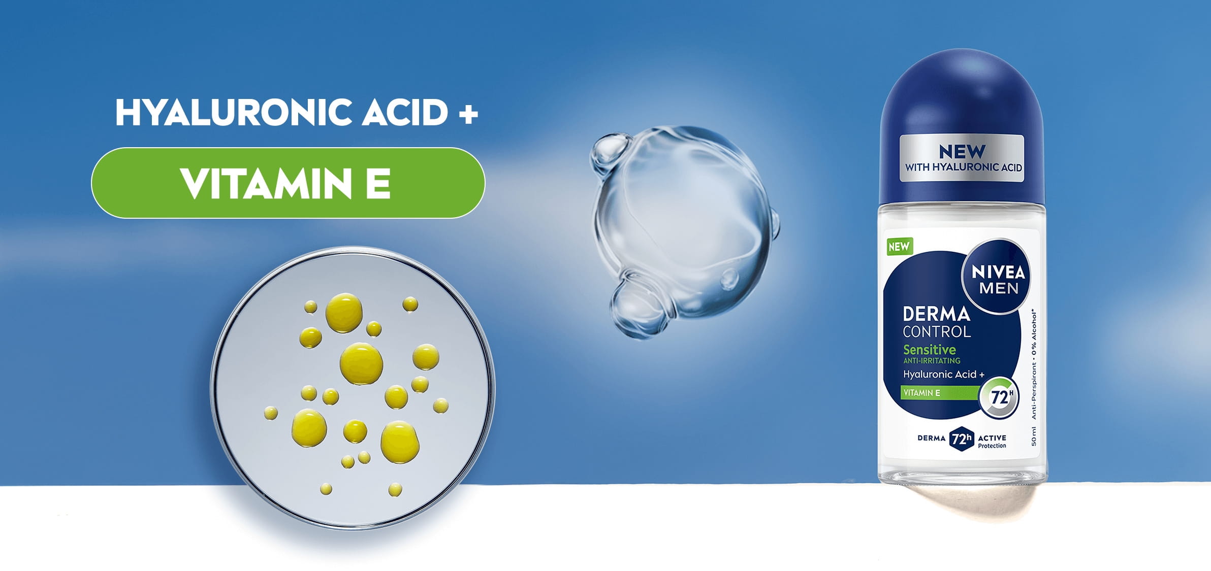 NIVEA MEN Derma Control Sensitive Deo Roll-On, med forstørrede ingrediensmolekyler, der repræsenterer HYALURONSYRE og VITAMIN E.