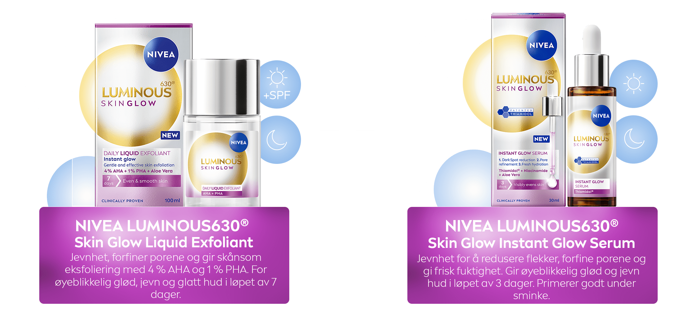 "NIVEA LUMINOUS630® Skin Glow Liquid Exfoliant og NIVEA LUMINOUS630® Skin Glow Instant Glow Serum 30 ml er merket med ikoner og tall som indikerer bruk."