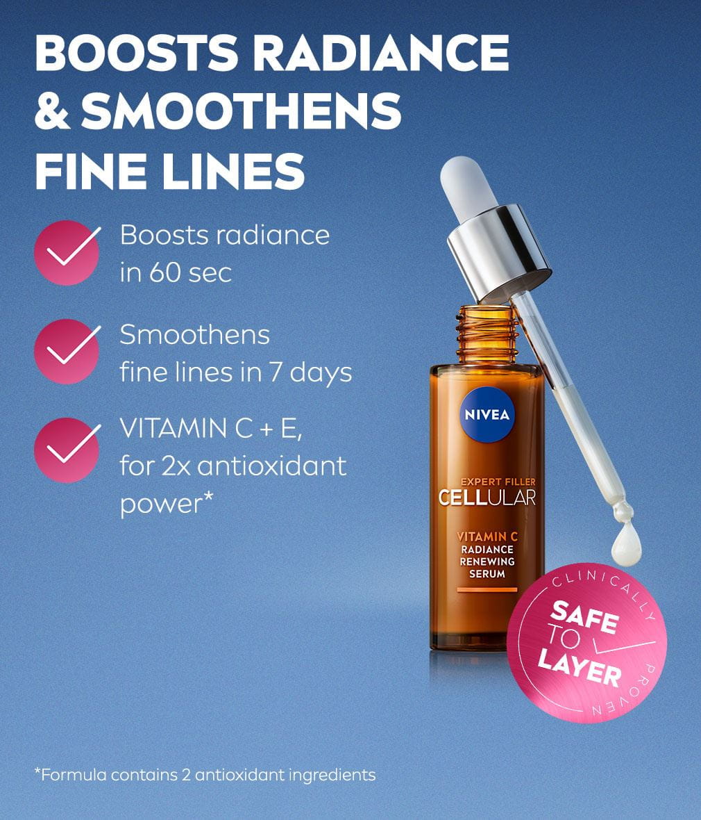 Boost radiance and smoothen fine lines with NIVEA CELLULAR Vitamin C Radiance Renewing Serum.