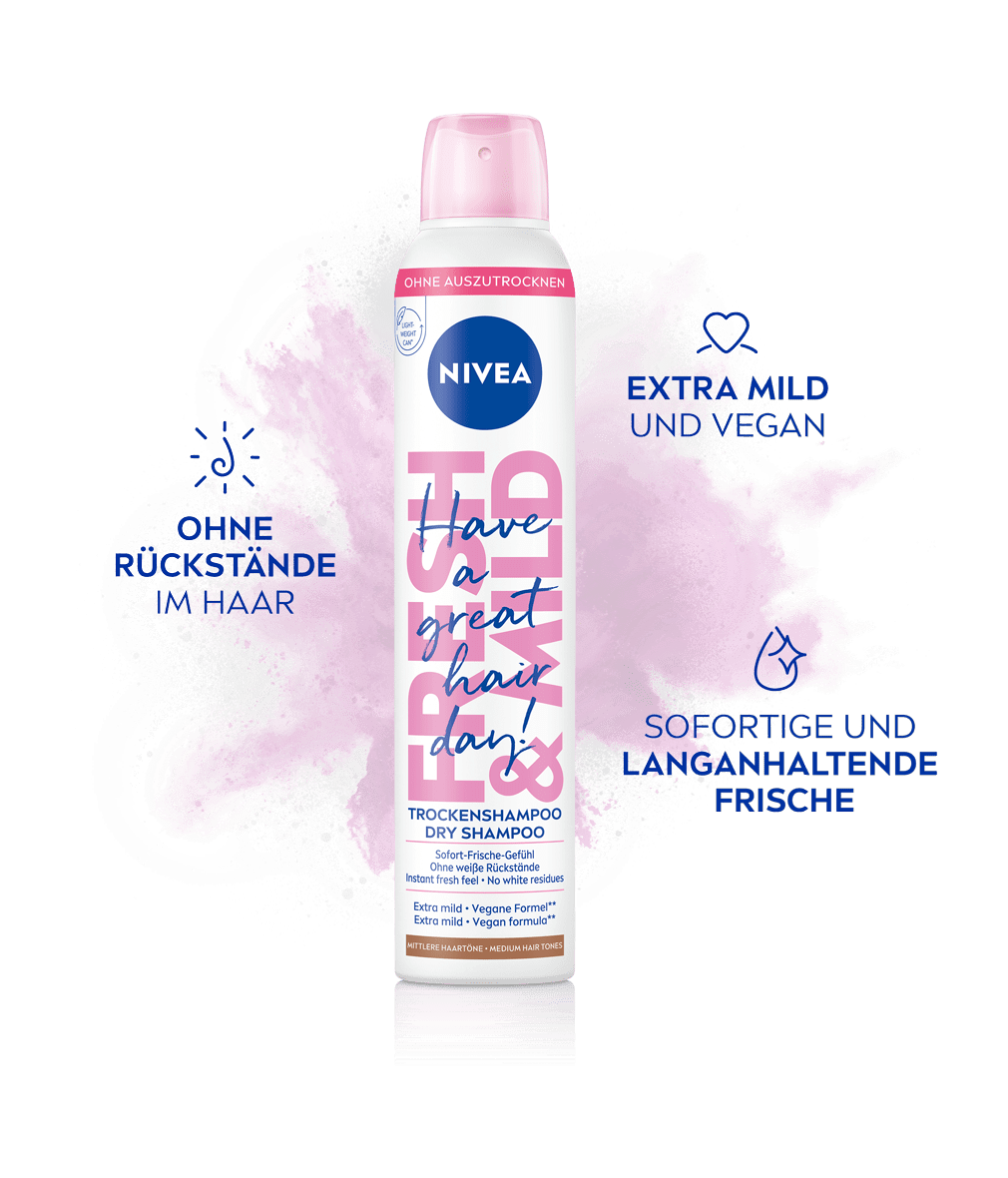 NIVEA Fresh & Mild Trockenshampoo Produktabbildung mit Benefits