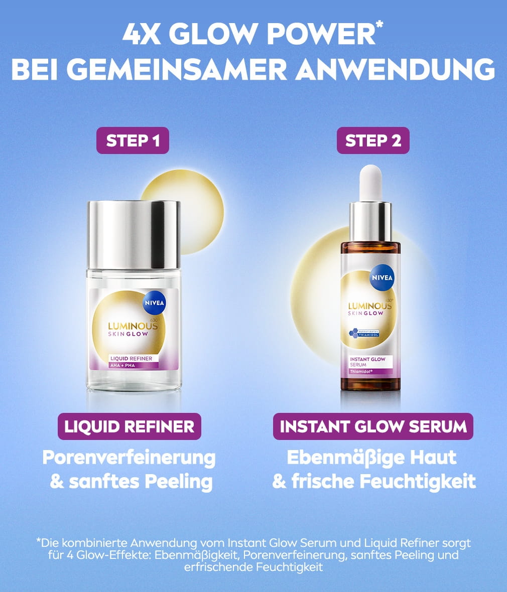 Zwei Fläschchen mit NIVEA LUMINOUS630® Skin Glow Liquid Refiner und NIVEA LUMINOUS630® Skin Glow Instant Glow Serum vor hellgelben Kreisen.