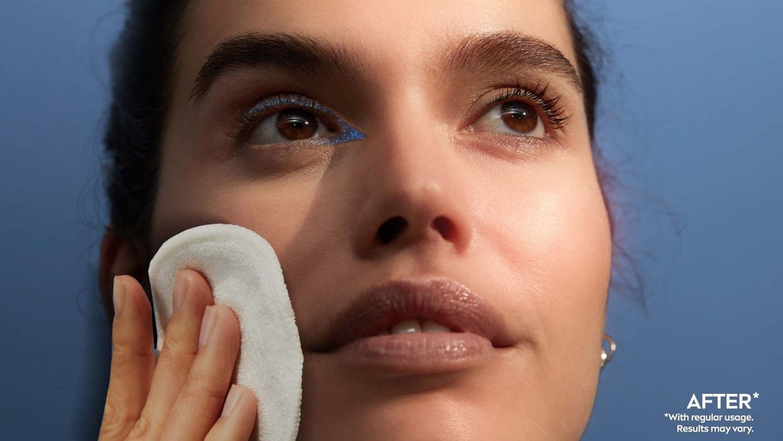 A close-up of a woman's face split down the middle, showing a "Before" on the left and an "After" on the right. The left side looks less radiant, while the right side appears more glowing and smooth. The background is a soft blue.