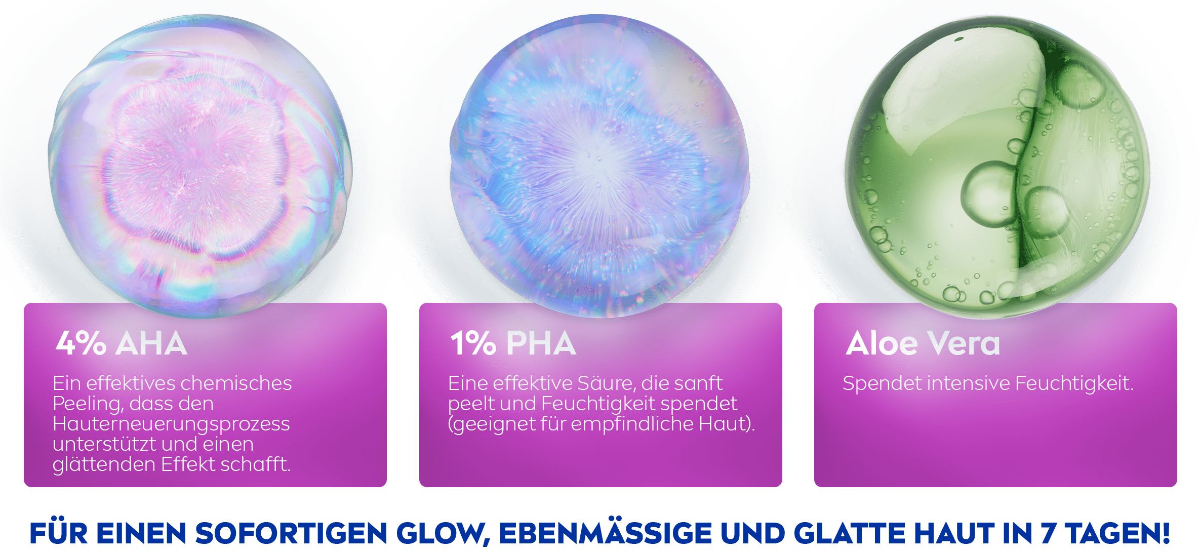 Eine Reihe von Sphären: Hellrosa für AHA, Lavendel für PHA und Grün für Aloe Vera.