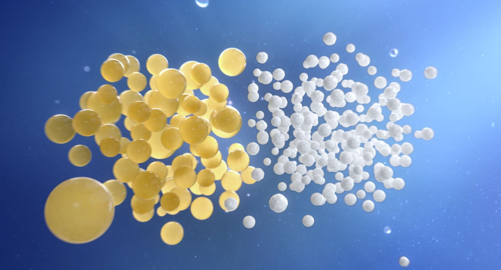 Yellow and white molecule bubbles, representing GLYCOSTOP and Q10. 