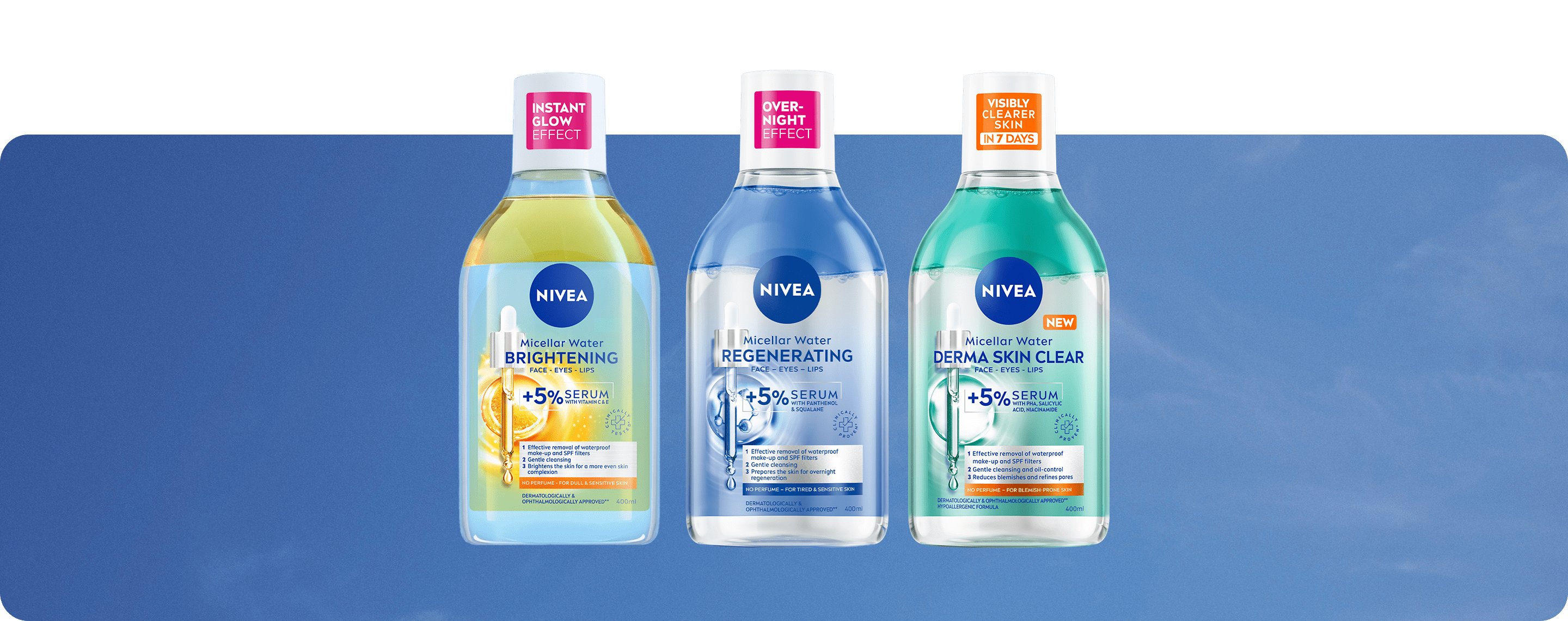 Серията мицеларни води със серум от NIVEA – три продукта, представени на светлосин фон.