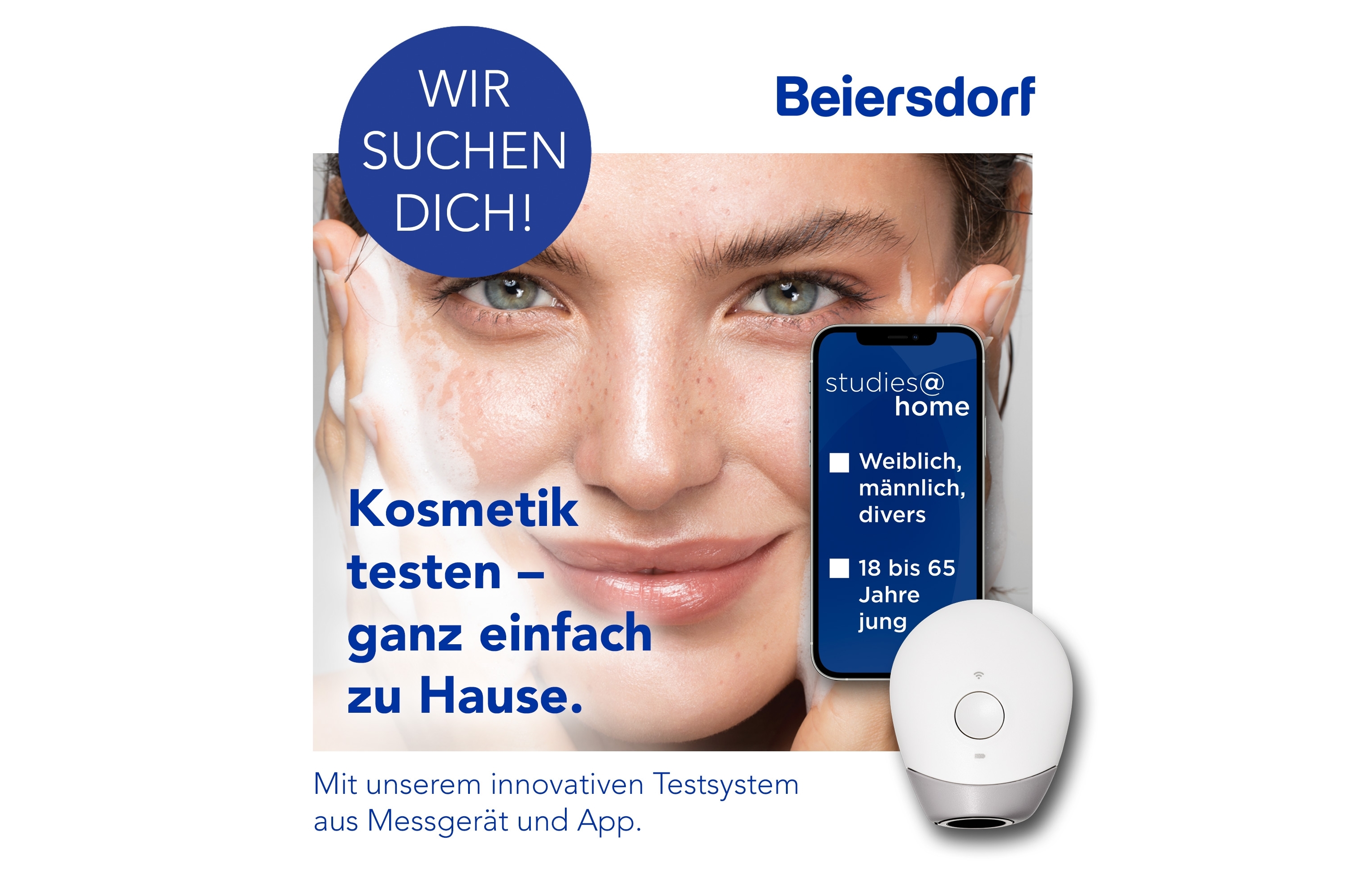 Frau testet Kosmetik mit Beiersdorf-App, Text: „Kosmetik testen – ganz einfach zu Hause.“