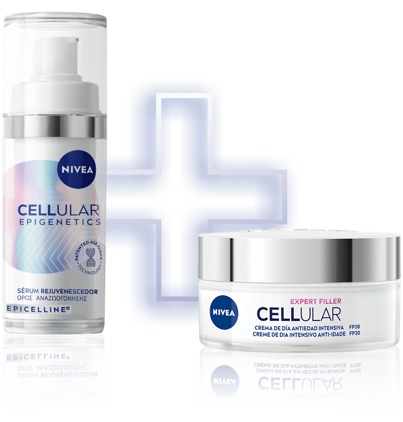 Imagem com os dois produtos NIVEA CELLULAR lado a lado: um frasco do Sérum Epigenetics e um boião do Creme de Dia.