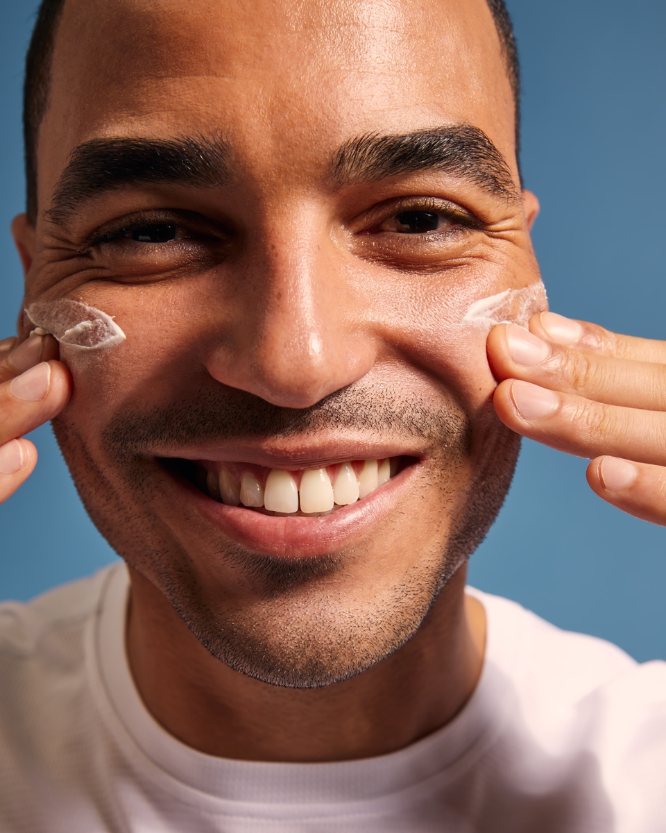 Smiling man applying sunscreen cream to his face