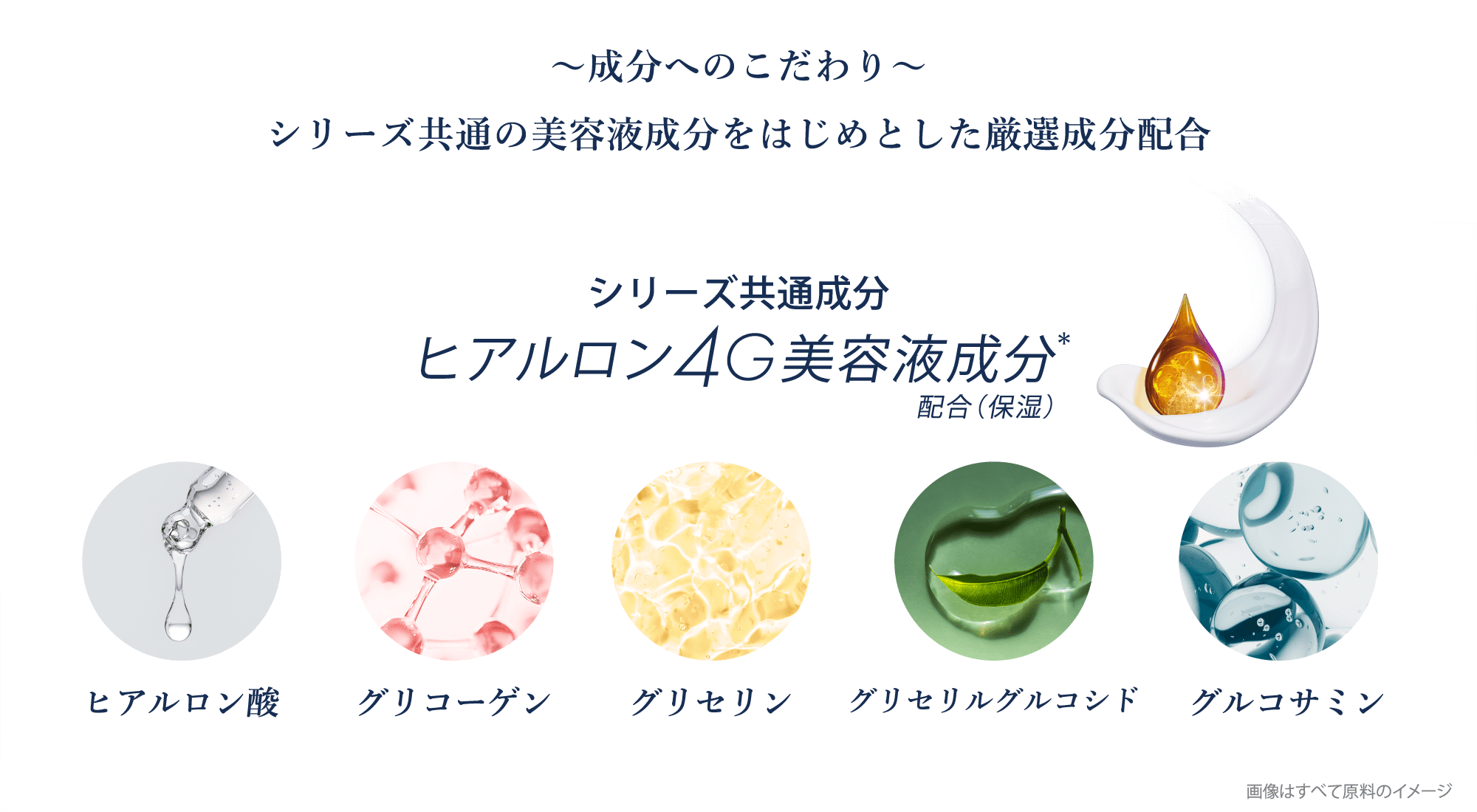 シリーズ共通成分　ヒアルロン4G美容液成分配合(保湿)　ヒアルロン酸　グリコーゲン　グリセリン　グリセリルグルコシド　グルコサミン　 画像はすべて原料のイメージ