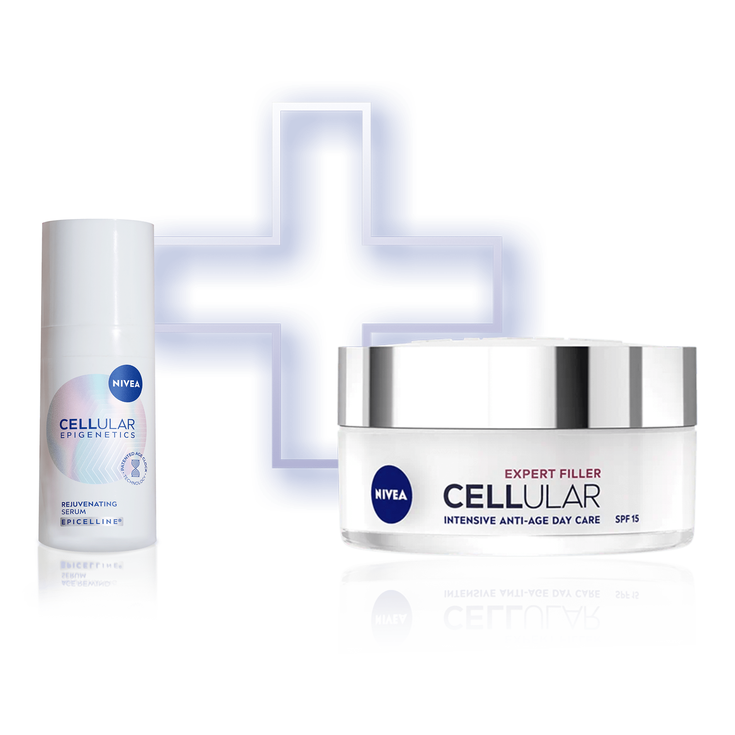 Два продукта NIVEA CELLULAR са представени един до друг, една бутилка серум Epigenetics и една кутия дневен крем.