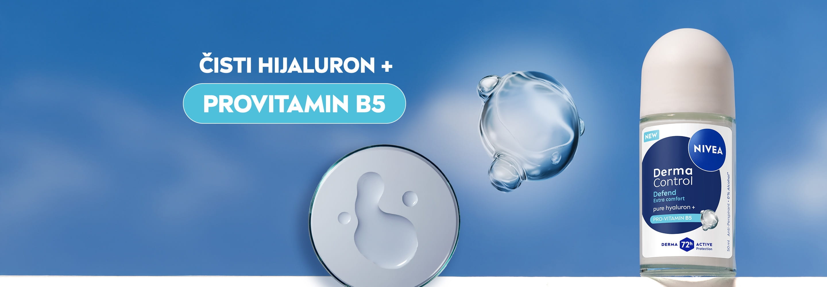 NIVEA Derma Control Defend antiperspirant roll-on sa uvećanim molekulima sastojaka koji predstavljaju ČISTI HIJALURON i provitaminom B5.